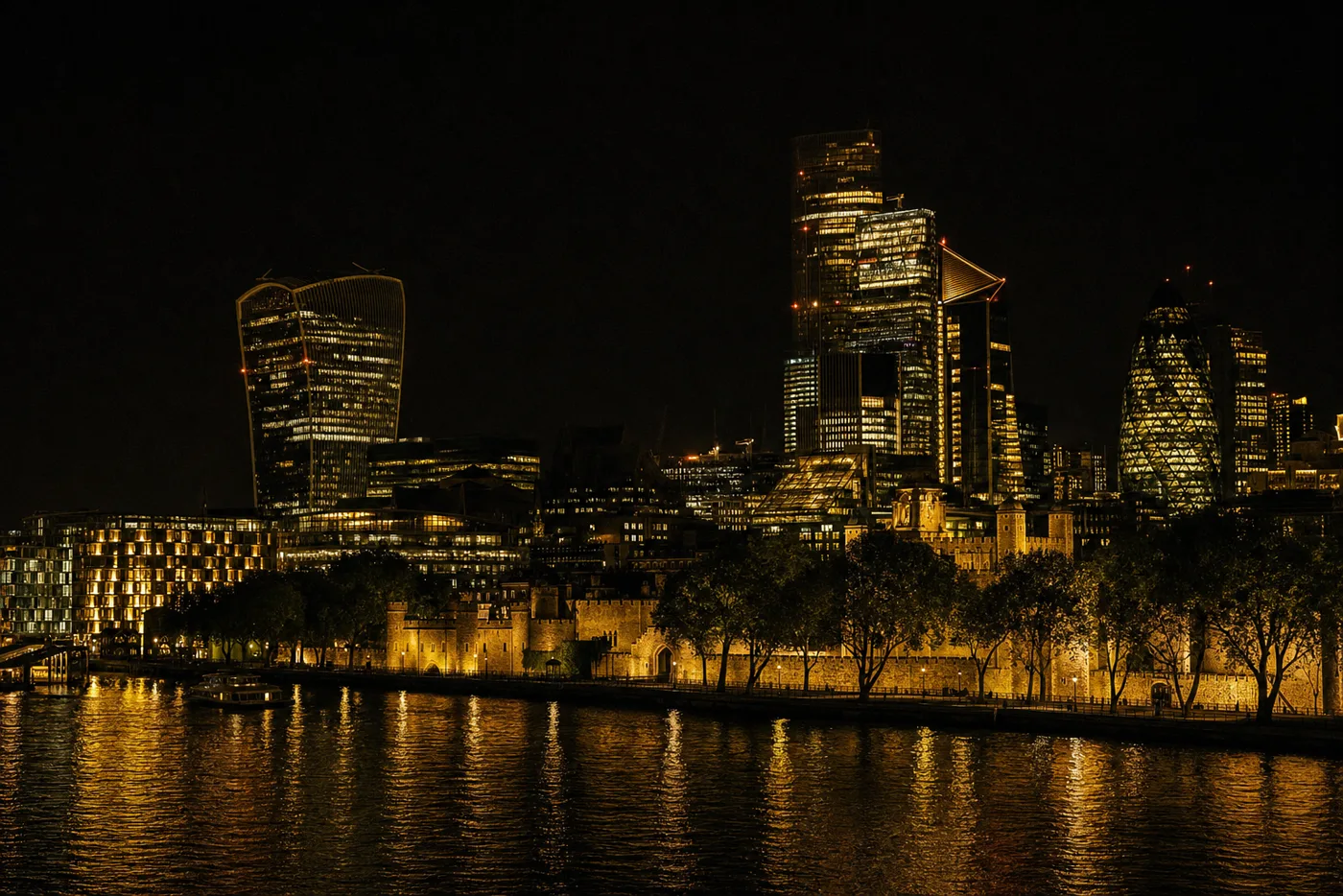 The City of London skyline at night in black and gold